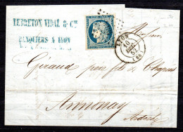 France N° 4  Bleu Cérès Sur Lettre Entière Oblitéré PC Lyon Cote 100€ - 1849-1850 Cérès