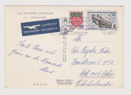 France NORMANDIE Map Postcard W/Submarine Bathyscaphe Archimède Stamp Mi#1421, IT#1368 Sent 1964 Airmail To Czech /66642 - Covers & Documents
