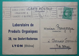 N°680 CERES MAZELIN CARTE POSTALE PUB LABORATOIRE DE PRODUITS ORGANIQUES LYON POUR CLERMONT FERRAND 1947 COVER FRANCE - 1945-47 Cérès De Mazelin