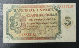 ESPAÑA. EDIFIL 435 A . 5 PTAS 10 DE AGOSTO DE 1938 SERIE G. CONSERVACIÓN.  MBC - 5 Pesetas