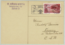 Schweiz / Helvetia 1947, Postkarte Zürich - Lisany (CSSR), Radio / Rundfunk, Lärm / Bruit / Noise, Pro Patria - Télécom