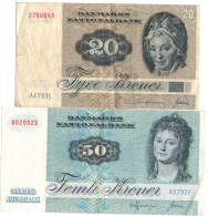 DANEMARK - 1972 - Lot De 2 Billets ( 20 - 50  Kroner  )  Circulés ( Plis)    Voir Scans - Denmark
