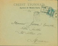 E,veloppe Crédit Lyonnais Agence De Monté Carlo YT N°86 Prince Louis II 50c Vert Gris Oblit Daguin Monté Carlo CAD 1929 - Covers & Documents