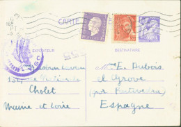 Guerre 40 Entier Iris N°651 CPI + YT 412 Dulac + 689 Marianne Dulac CAD Cholet 1945 Pour Espagne Censure Vigo + Puce - Guerra Del 1939-45