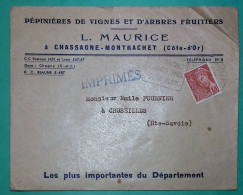 N°412 MERCURE SEUL SUR LETTRE OBLITERATION MECANIQUE CHASSAGNE MONTRACHET PUB VIGNES ARBRES FRUITIERS 1940 FRANCE - 1938-42 Mercurio