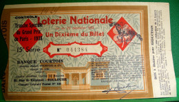 BILLET LOTERIE NATIONALE TRANCHE SPECIALE  GRAND PRIX PARIS 1938 , 1/10° , 15° SERIE , BANQUE COURTOIS TOULOUSE - Loterijbiljetten