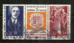 ANDORRE. Hommage Au Général De Gaulle, 1972, Tryptique Oblitéré, Première Qualité - Gebraucht