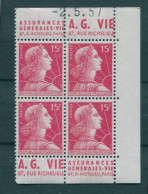 !!! 15 F MARIANNE DE MULLER BLOC DE 4 AVEC PUBS AG VIE  ET COIN DATE NEUF ** - 1950-1959