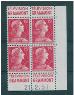 !!! 15 F MARIANNE DE MULLER BLOC DE 4 AVEC PUBS TELEVISION GRAMMONT ET COIN DATE NEUF ** - 1950-1959