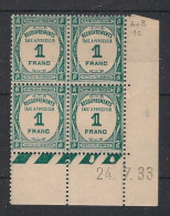 FRANCE - 1933 - Taxe TT N°YT. 60 - Recouvrements 1f Bleu-vert - Bloc De 4 Coin Daté - Neuf**/* - Impuestos
