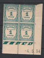 FRANCE - 1934 - Taxe TT N°YT. 60 - Recouvrements 1f Bleu-vert - Bloc De 4 Coin Daté - Neuf**/* - Strafport