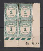 FRANCE - 1935 - Taxe TT N°YT. 60 - Recouvrements 1f Bleu-vert - Bloc De 4 Coin Daté - Neuf Luxe ** / MNH - Postage Due