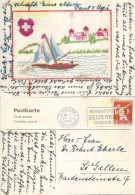 Bestickte Karte - Segelschiff Mit Burg Und Schweizer Kreuz      1932 - Embroidered