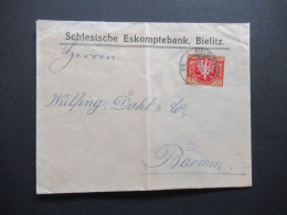 Polen 1922 Firmenumschlag Schlesische Eskomptebank Bielitz Nach Barmen (Wuppertal) Gesendet - Cartas & Documentos
