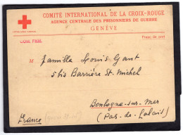 Carte Pour Boulogne Sur Mer -COMITE INTERNATIONAL De La CROIX ROUGE - Agence Centrale Des Prisonniers De Guerre - GENEVE - Croix Rouge