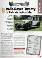 ROLLS-ROYCE TWENTY De 1922 - Fiche Technique De La Collection Hachette : Un Siècle D'automobile. - Voitures