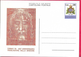 SAN MARINO - INTERO CARTOLINA POSTALE " TRASLAZIONE SINDONE" (CAT. INT. 41) - NUOVA - Interi Postali