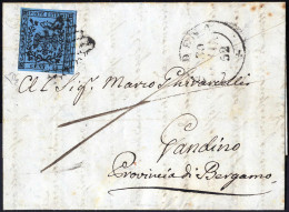 Cover 1852, Lettera Da Modena (griglietta Punti 12) Il 30.6 Per Gandino Affrancata Con 40 C. Celeste, Cert. Enzo Diena,  - Modena