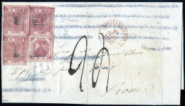 Cover 1860, Lettera Affrancata Con Gr.2 IIIa Tavola Rosa Carminio - Blocco Di Tre A Seggiola Del Gr.5 LIa Tavola Carmini - Naples