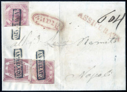 Cover 1858, Lettera Assicurata Da Trani Il 8.7 Per Napoli Affrancata Con Due 2 Gr. Rosa Chiaro I Tavola E 10 Gr. Rosa Br - Napoli