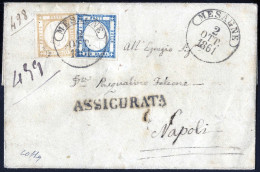 Cover 1861, Lettera Assicurata Da Mesagne Del 2.10 Per Napoli Affrancata Con 2 + 10 Gr. (Province Napolitane), Cert. Col - Naples