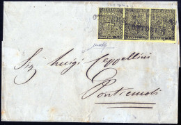 Cover 1853, Lettera Da Parma Del 9.10 Per Pontremoli Affrancata Con Striscia Di Tre 5 C. Giallo, Firmata Emilio Diena, S - Parma