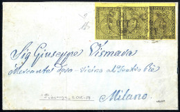 Cover 1858, Lettera Da Piacenza Del 2.10. Per Milano Affrancata Con Striscia Orizzontale Di Tre Del 5 C. Giallo Con Bord - Parma