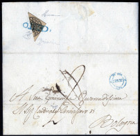 Cover 1856, Lettera Da Cento Il 29.12 Per Bologna Affrancata Sul Verso Con 4 B. Bruno Grigio Chiaro Frazionato A Metà In - Papal States