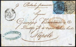 Cover 1855, Lettera Da Civitavecchia Il 25.1 Per Napoli Affrancata Con 6 B. Grigio Verdastro E 7 B. Azzurro, Via Di Mare - Papal States