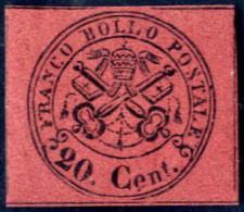 ** 1867, Stemma, 20 C. Rosso Bruno, Nuovo Con Gomma Originale Integra, Firmata AD, Sass. 18 - Papal States