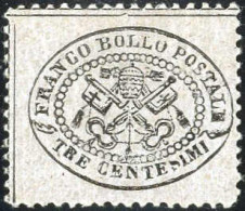 * 1868, 3 C. Grigio Rosa, Nuovo Con Gomma Originale Dent. 13, Cert. Alberto E Enzo Diena, Sass. 23 / 28000,- Michel 20b - Kerkelijke Staten