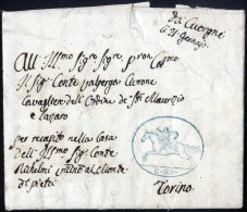 Cover 1819, "Cavallini", Lettera Da Cuorgnè Il 21.1 (primo Mese Da Cuorgnè) Per Torino, 25 C. Azzurro, Sass. 2 / 6000,- - Sardaigne