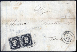 Cover 1853, Lettera Da Asti Il 3.5 Per Torino Affrancata Con Coppia 5 C. Nero, Cert. Sorani E Oro Raybaudi, Sass. 1 / 30 - Sardaigne