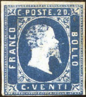 ** 1851, 20 C. Azzurro, Nuovo Con Gomma Originale Integra, Cert. Ghiglione, Sass. 2 / 42000,- Michel 2 - Sardinia