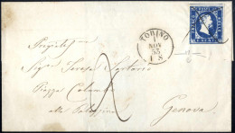 Cover 1853, Lettera Del 1.11.1853 Da Torino A Genova, Affrancata Con I. Em. 20 C. Azzurro, Tre Ampi Margini (a Filo In B - Sardinië