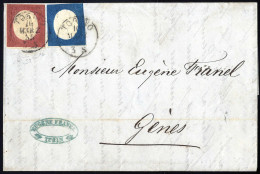 Cover 1855, Lettera Da Torino Il 10.3 Per Genova Affrancata Con 20 C. Azzurro E 40 C. Rosso Mattone, Cert. Oro Raybaudi, - Sardaigne