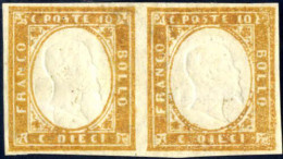 * 1858, IV. Em. 10 Cent. Giallo Ocra, II Tavola, Tiratura Del 1862, Coppia Orizzontale Nuova Gommata Al Recto (Cfr. Nota - Sardinia