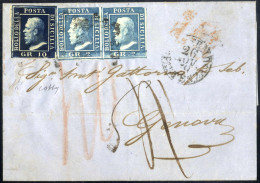 Cover 1859, Lettera Del 26.11.1859 Da Palermo Con Transito A Napoli A Genova, Affrancata Con 2 Grana Azzurro In Coppia O - Sicile