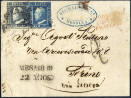 Cover 1859, Lettera (senza La Parte Laterale Sinistra) Del 22.8.1859 Da Messina Via Genova A Torino, Trasportata Coi Pir - Sicile