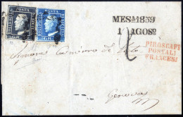 Cover 1859, Lettera Da Messina Del 1.8 Per Genova, Affrancata Con 2 Gr. Azzurro III Tavola E 20 Gr. Grigio Ardesia, Firm - Sicile