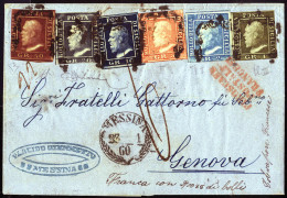 Cover 1860, Spettacolare Busta Seicolore Da Messina 23.1.1860 A Genova Affrancata Per 88 Grana Con Sei Francobolli Di Si - Sizilien