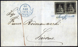 Cover 1854, Lettera Da Livorno Il 16.8 Per Città Affrancata Con Coppia 1 Q. Nero Su Grigio, Filigrana 1, Firmata Asinell - Toscana