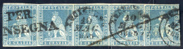 O 1851, 2 Cr. Azzurro Chiaro Su Grigio, Striscia Orizzontale Di Cinque, Ben Marginata In Alto E In Basso, Leggermente To - Tuscany