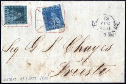 Cover 1851, Lettera Da Livorno (muto A Ragno Rosso Punti 11) Il 13.7 Per Trieste Affrancata Con 2 + 4 Cr. Su Azzurro, Fi - Toskana