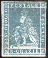 * 1851/52, 2 Cr. Azzurro Chiaro Su Grigio, Nuovo Con Piena Gomma Originale, Filigrana 1, Cert. Donini, Sass. 5 / 14000,- - Tuscany