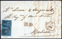 Cover 1854, Lettera Da Livorno Del 8.5 Per Modena Affrancata Con Coppia 4 Cr. Verde Azzurro Su Grigio Azzurrata, Filigra - Tuscany