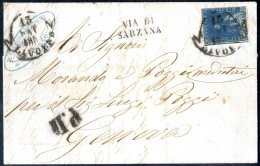 Cover 1854, Lettera Da Livorno Il 13.9 Per Genova Affrancata Con 6 Cr. Ardesia Su Grigio Annullato Con Bollo Cerchio A B - Toscana