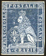 * 1851/52, 6 Cr. Azzurro Scuro Su Azzurro, Nuovo Con Gomma Originale, Filigrana 1, Cert. Donini, Sass. 7c / 24000,- Mi.  - Toskana