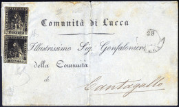 Cover 1859, Circolare Da Lucca Il 28.11 Per Cantagallo Affrancata Con Coppia Verticale 1 Q. Nero, Filigrana 2, Firmata E - Toscane