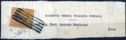Cover 1857, Fascietta Per Terni Affrancata Con 1 S. Ocra, Filigrana 2, Cert. Sorani, Sass. 11 / 60000,- - Toscane
